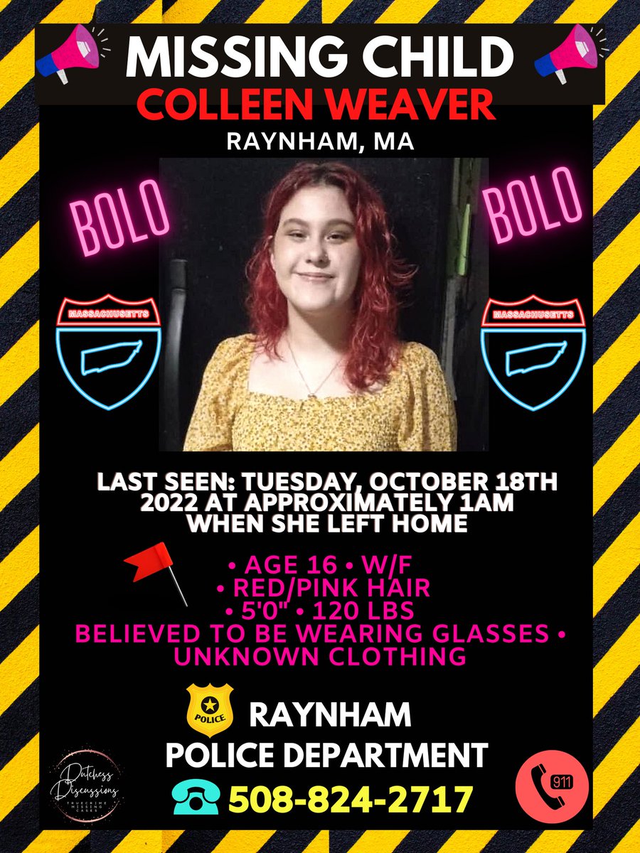 DutchGirlMB's tweet photo. A fellow mod and friend needs your help. This young lady is missing in her town! #ColleenWeaver #RaynhamMA @Raynhampd @MassStatePolice #MissingJuvenile #BOLO #share @ArcticfoxTrue @levi_truecrime @HerNameWasAmber @bashleyyy420 @BvK11194375 @WFXTDesk @ABC6 @WCVB https://t.co/4HoIhKtGqR