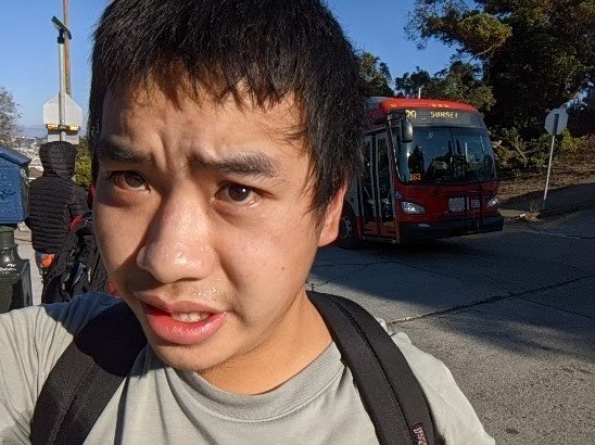 I took a picture of myself when <a href="/Bus8628/">Red Front Bus</a> passed this stop because this bus is full! <a href="/SFMTA_Muni/">SFMTA</a>
