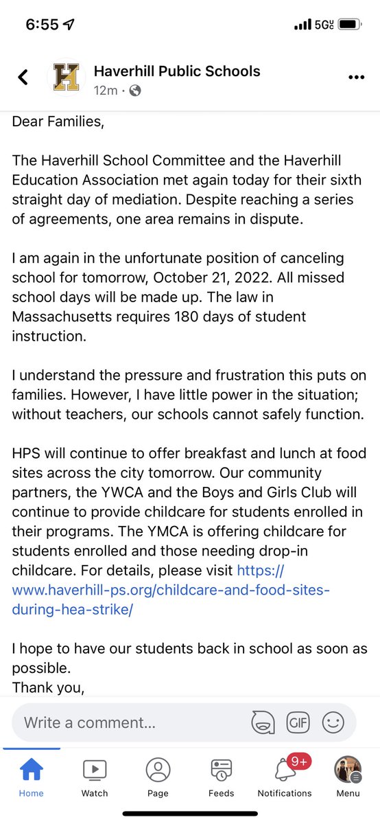 OscarJournalist's tweet photo. #Breaking: #Haverhill public schools cancels class for the 5th time as negotiations with the teachers union continues. Last sticking point is “return to work” language in contracts so that teachers aren’t fired upon returning, according to union VP https://t.co/M2sK9lJLyH