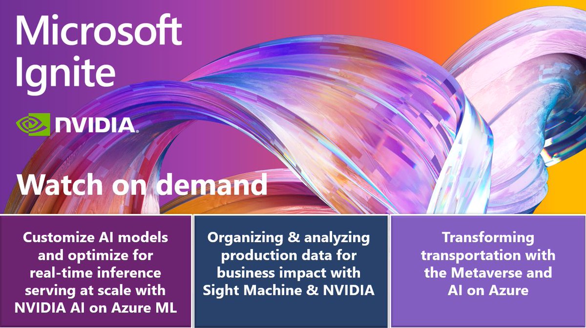 NVIDIAAI's tweet photo. Missed last week's #MSIgnite? Catch up on the NVIDIA sessions, available on-demand.
Watch now! https://t.co/0ryH17ED5v
#AI #MicrosoftCloud #AzureML #NVIDIATAO #NVIDIAOmniverse #DRIVESim https://t.co/NhSwKYxLeh