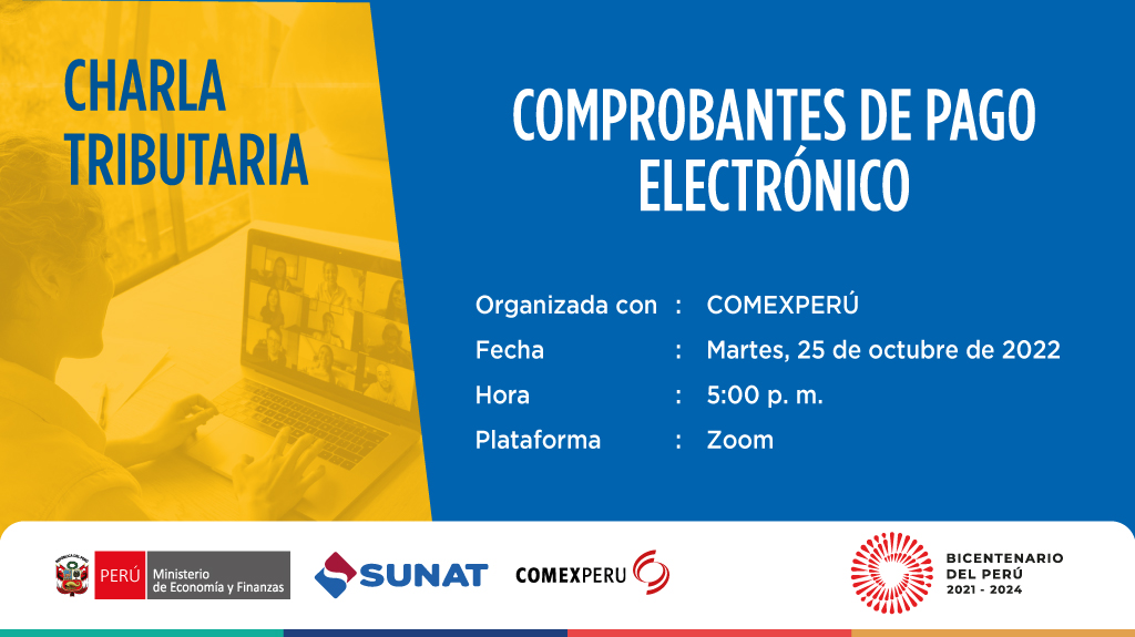 🔔 #CharlaTributaria con @comexperu | Nuestros expertos te orientarán en el uso, beneficios y oportunidades que ofrecen los comprobantes de pago electrónico. #CreceTuNegocio ☑️ 🗓️ Martes, 2⃣5⃣de octubre ⌚️ 5:00 p. m. Inscripciones en 💻 bit.ly/CPE_ComexSunat, ¡pasa la voz!