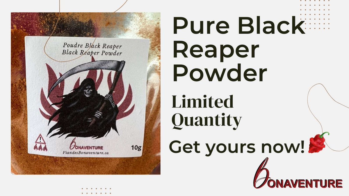 JenniferFrezza's tweet image. #HotSpicyBlackReaperPowder to give you that extra kick in your day! Love me some hot and spicy food! 🌶 #Blackreaper #hotpeppers #spicyfood #Spice #Hot #Scoville #Fire #Peppers #MTL 
bit.ly/3MSVJf0
