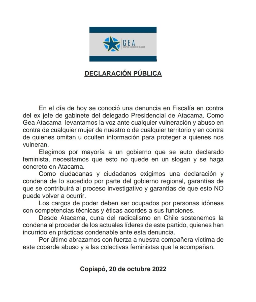 En relación a la denuncia expuesta hoy por diversas agrupaciones feministas de #Atacama #Copiapó declaramos lo siguiente: