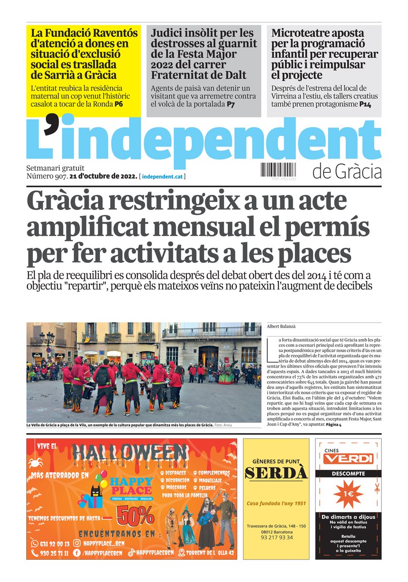 indepe_gracia's tweet photo. A L'indepe d'aquesta setmana: les restriccions per fer activitats a les places; el trasllat de la Fundació @FMariaRaventos; el judici per destrosses al guarnit de @fraternitatdd; i l'aposta de Microteatre per la programació infantil. Més: https://t.co/0f12R6SQaZ #viladegràcia https://t.co/fgWLk0sppL
