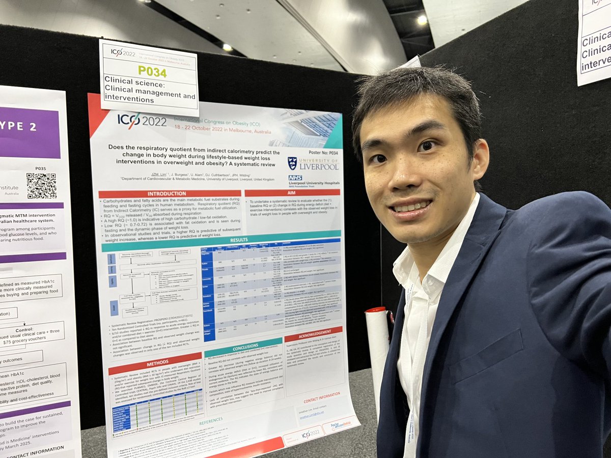 International Congress of Obesity 2022, Melbourne Australia. Thanks to my supervisors and family for getting me here. Findings from literature review RQ from Indirect calorimetry on body weight change. Poster presented in #ICO2022 ⁦@WorldObesity⁩