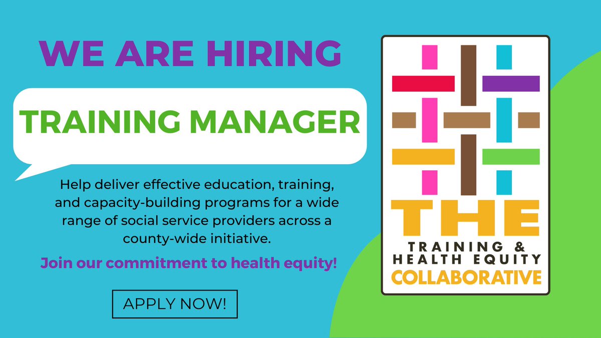 Training &amp; Health Equity Collaborative @THE_Collab_ is still hiring for an Alameda County Training Development Unit (#ACTDU) Training Manager. Learn more below and share with your network! 🚨 https://t.co/gHczqawRn5