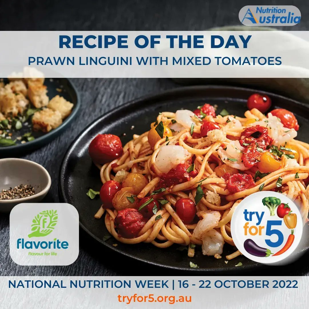 NutritionAust's tweet photo. Todays Recipe of the day is bought to you by @flavourite
'Prawn Linguini with Mixed Tomatoes' 
This delicious recipe uses smart sized fresh veg to minimise waste and enhance flavour!
Find the recipe on https://t.co/YwxUNkHqtw 

#TryFor5 #NationalNutritionWeek2022 #Getmoreveg https://t.co/PfirYUAszR