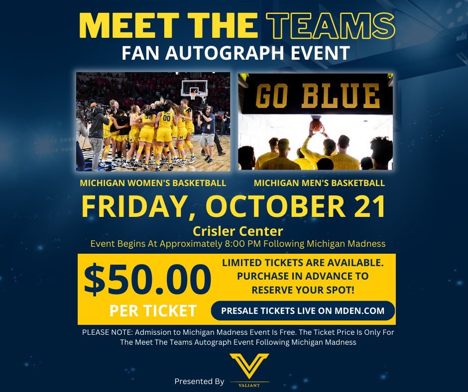 Come see us Friday night after Michigan Madness on the concourse of Crisler Center! We’ll be signing autographs and taking pictures with all of you fans! 100% of ticket sales go to our team!

Get your tickets from the M Den here: bit.ly/3EMkIyx

<a href="/valiantuofm/">Valiant Management Group</a>