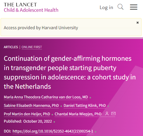 Groundbreaking new study shows that 98% of trans youth that take puberty blockers and start HRT continue to take hormones into adulthood. Trans kids know who they are and they don't just 'grow out of it.' thelancet.com/journals/lanch…