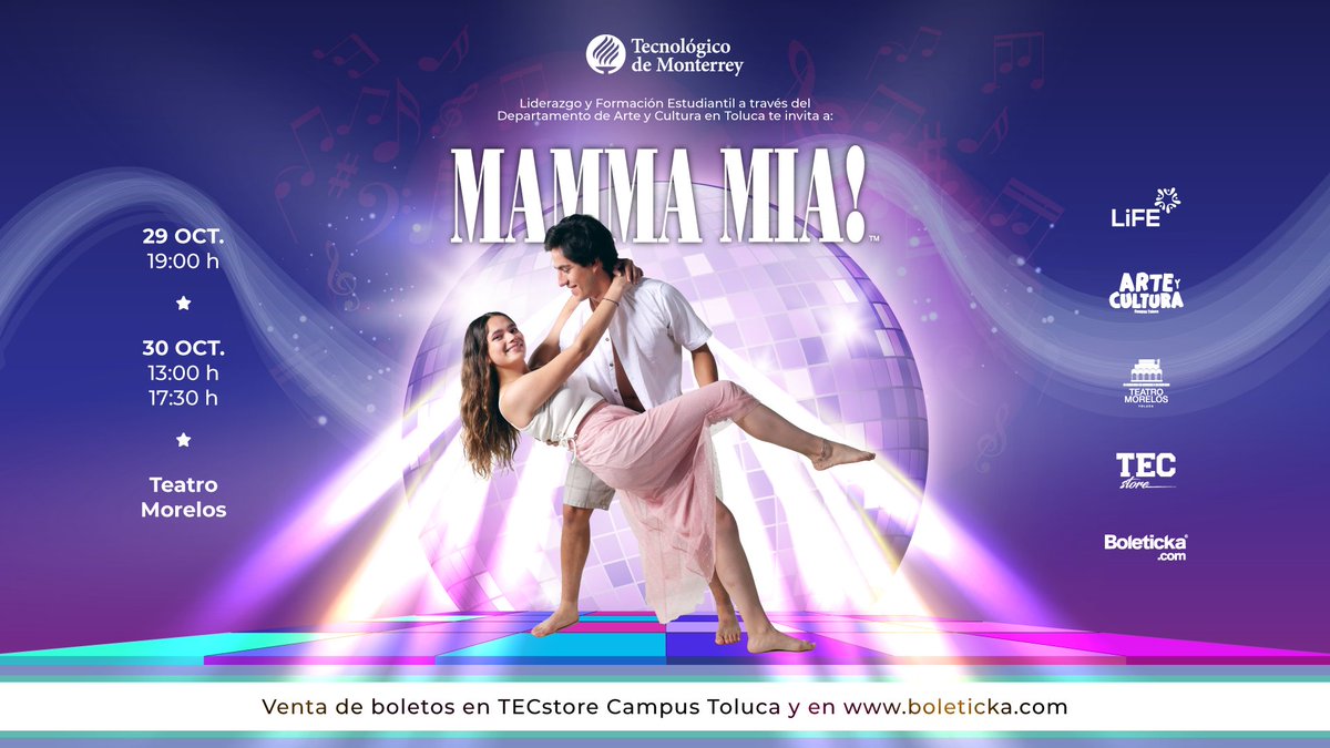 TECcampusTOL's tweet photo. Descubre quién acompañará a Sophie al altar el día de su boda. 👰🏻 No te pierdas Mamma Mía!, una divertida comedia musical. 🎶
🗓29 y 30 Oct.📍Teatro Morelos 🎭3 Funciones
+Info👉🏻 https://t.co/sj3RKM06aY
🎟 Boletos en #TECstore Campus Toluca
y en 👉🏻 https://t.co/wMX6PoYyux https://t.co/s1DXgqKP3g