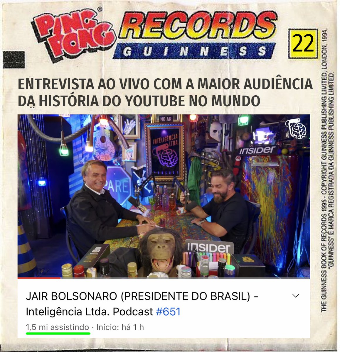 E O BOLSONARO ENTROU NO LIVRO DOS RECORDES O podcast Inteligência Ltda virou a entrevista ao vivo com a maior audiência da história mundial do YouTube Ainda não tá assistindo? Liga aí: youtu.be/qbTzhB0akt8