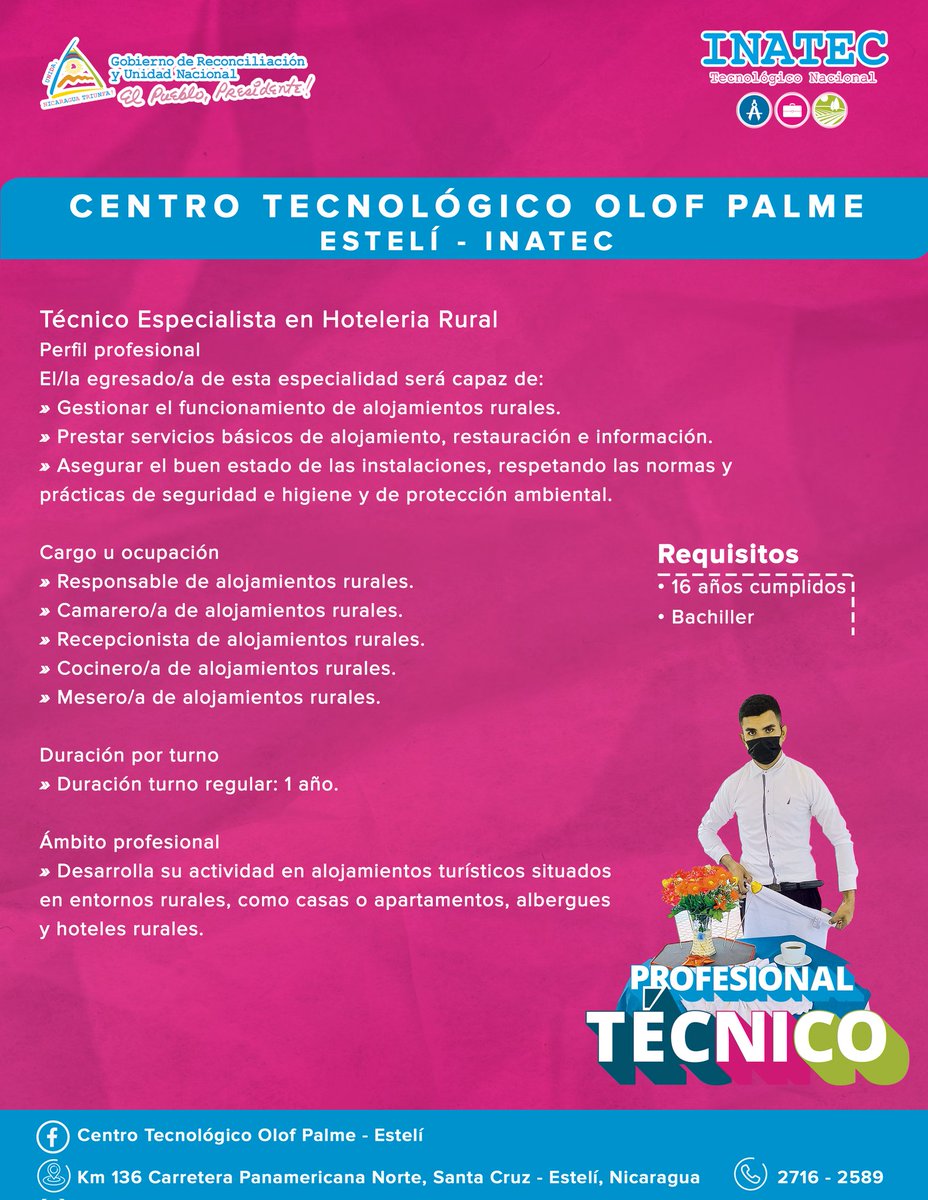 🏕Puedes Convertite en un Técnico Especialista en Hotelería Rural estudiando en nuestro Centro Tecnológico Olof Palme.🌄
#SoyTecNicaragua🇳🇮📚