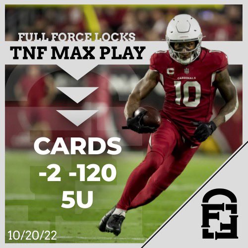 LocksForce's tweet photo. 🚨MAX PLAY🚨

NFL 🏈
Cardinals -2 -120 5U ‼️

Like if tailing! #TNF #NFL #FreePlay #GambingTwitter #FullForceLocks https://t.co/AHH5Sf17rX