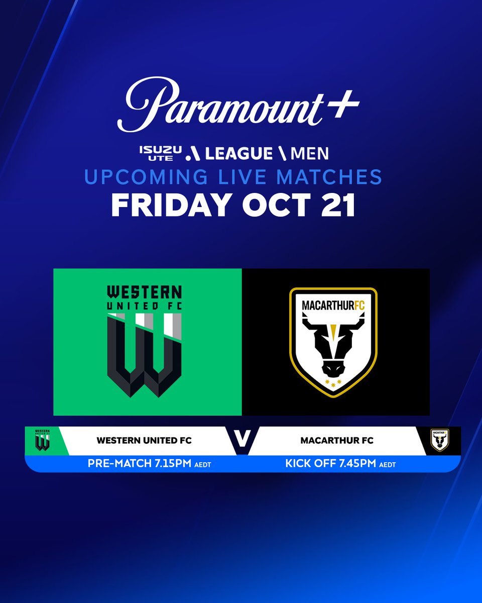 Paramount+ Australia (@paramountplusau) on Twitter photo The Champions take on the Australia Cup holders as <a href="/wufcofficial/">Western United FC</a> host <a href="/mfcbulls/">Macarthur FC</a> for some Friday night football ⚽️
#WUNvMAC, live tonight from 7.15 AEDT on Paramount+ The Champions take on the Australia Cup holders as <a href="/wufcofficial/">Western United FC</a> host <a href="/mfcbulls/">Macarthur FC</a> for some Friday night football ⚽️
#WUNvMAC, live tonight from 7.15 AEDT on Paramount+