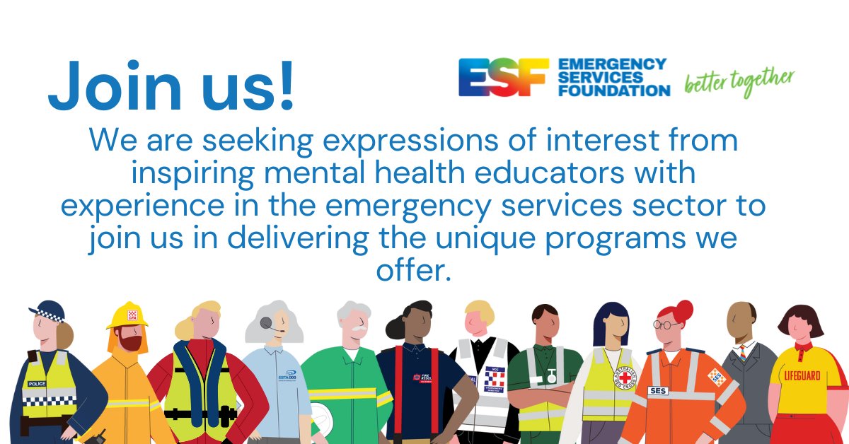 ESF_Victoria's tweet photo. Are you a trained counsellor/ inspiring mental health educator with in-depth knowledge of the emergency services sector? We are looking to expand our pool of casual super star educators. If this has sparked your interest, please get in touch with @SiusanMackenzie ceo@esf.com.au. https://t.co/4BOj1SKZEq