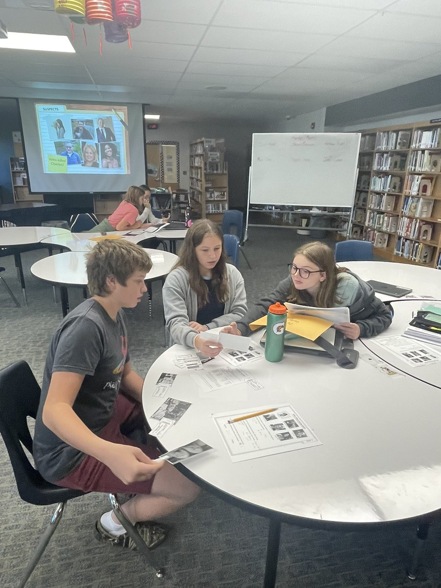 WeaberTim's tweet photo. Today my 7th grade classes practiced the essential skills of agility, teamwork, perseverance, &amp; problem solving as they worked in teams to solve a murder mystery. One of my typically negative students commented that”this was the best class. I really had fun.” For the win! #NLSD4U https://t.co/WOSKxxIfi3