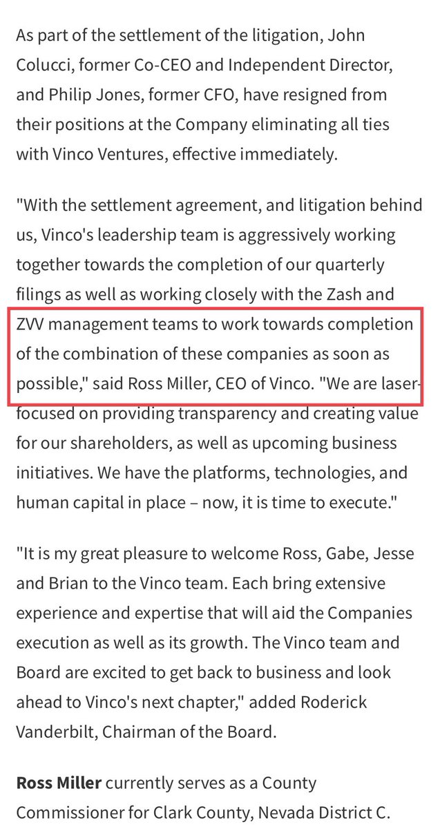 $BBIG I think the “merger” has taken place and they are getting the books straight to reflect that.  If I were a betting man(goes without saying;16DEC1$) the ER will include a press release announcing the “combination” of Zash and Vinco.  NFA