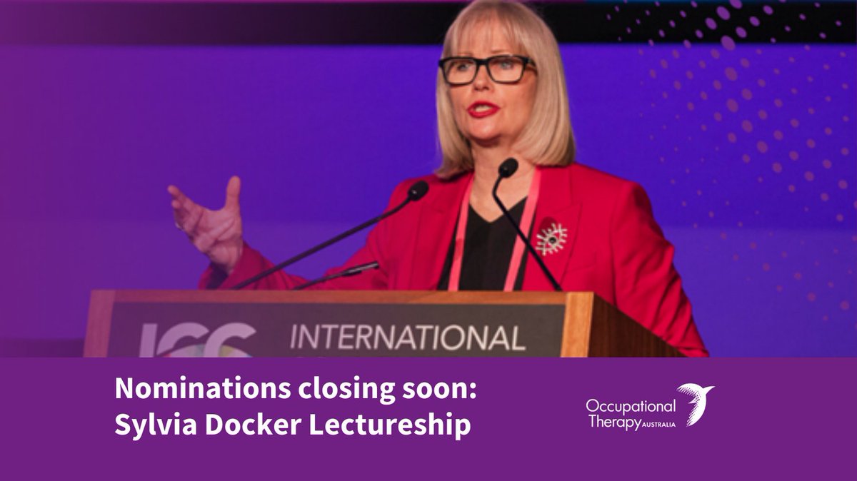 Occupational Therapy Australia wishes to advise that nominations for its most prestigious award, the Sylvia Docker Lectureship will close at 5:00 pm on Friday 28 October 2022. bit.ly/sylvia-docker #otexcellence #otawards #otaus2023 #otnationalconference #occupationaltherapy
