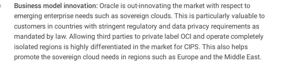 QuinnyPig's tweet photo. Next up, @oraclecloud. They changed quadrants!

The first strength is their improvement to the model. I agree; dedicated regions on customer premises? Genius approach. https://t.co/Fksd3IeNIE