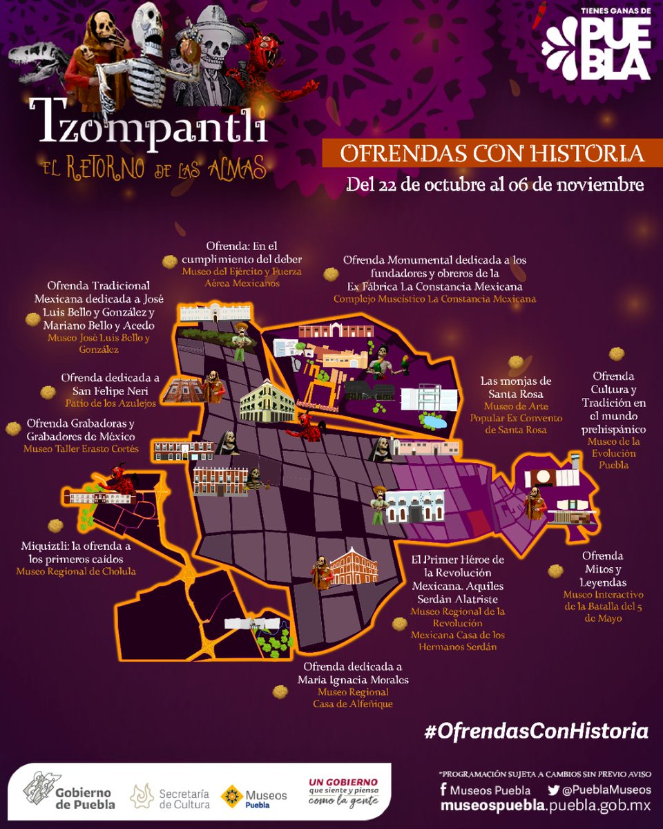 Los museos de Puebla alistan #OfrendasConHistoria 📚🕯️ del 22 de octubre al 6 de noviembre, en el marco de “𝑻𝒛𝒐𝒎𝒑𝒂𝒏𝒕𝒍𝒊, 𝒆𝒍 𝒓𝒆𝒕𝒐𝒓𝒏𝒐 𝒅𝒆 𝒍𝒂𝒔 𝒂𝒍𝒎𝒂𝒔” programación especial por el Día de Muertos.

¡Si #TienesGanasDePuebla visita los museos esta temporada!