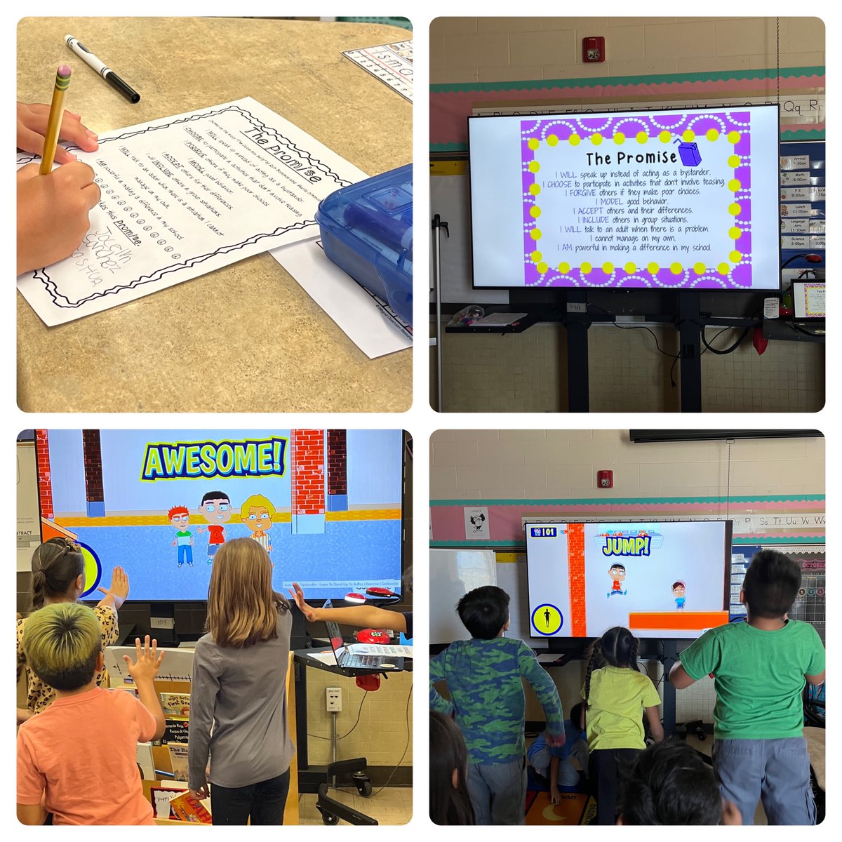 ShannonSaul1's tweet photo. Having a blast visiting classes to read The Juice Box Bully and learning  about being a community of upstanders who will stand up and stop bullying if they see it happen. We all signed the Upstander Promise and completed the Awesome Upstander Challenge  on Go Noodle @OdomEagles https://t.co/1gSAAZaNd9