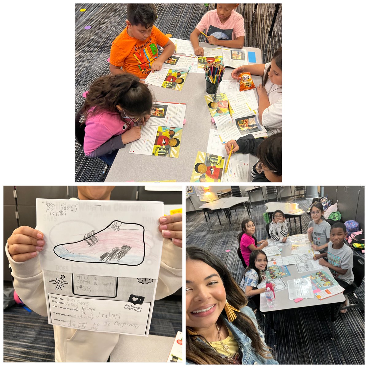 MsValentin_'s tweet photo. My first reading camp of the year! We revisited character traits & supported that trait based on what our main character THINKS, SAYS,& DOES. Then we created a shoe that we wanted. #ThoseShoes Thanks @darealMrchuc for the materials 😉 & to our IS's for hosting & treating us 🤗 https://t.co/z0MPR2Hedf