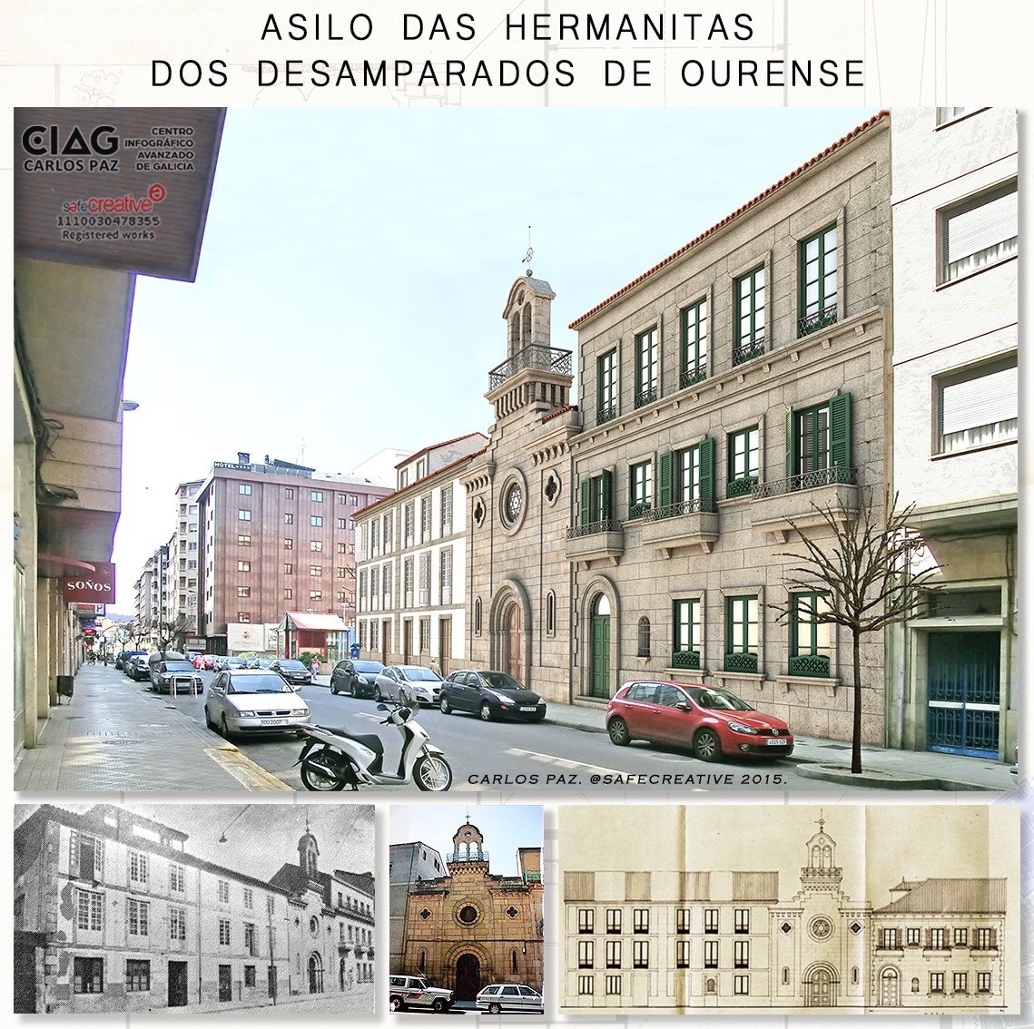 En 1887 o 'Asilo de San Antonio' de Ourense instálase no nº20 da antiga estrada de Trives (actual Avda. Buenos Aires). Refórmase e amplíase en 1945 polo arquitecto Mariano Rguez. Sanz. Derrubado na década dos 80. 3D (Carlos Paz - CIAG) / Fontes: AMOu. Rexistro @SafeCreative2022