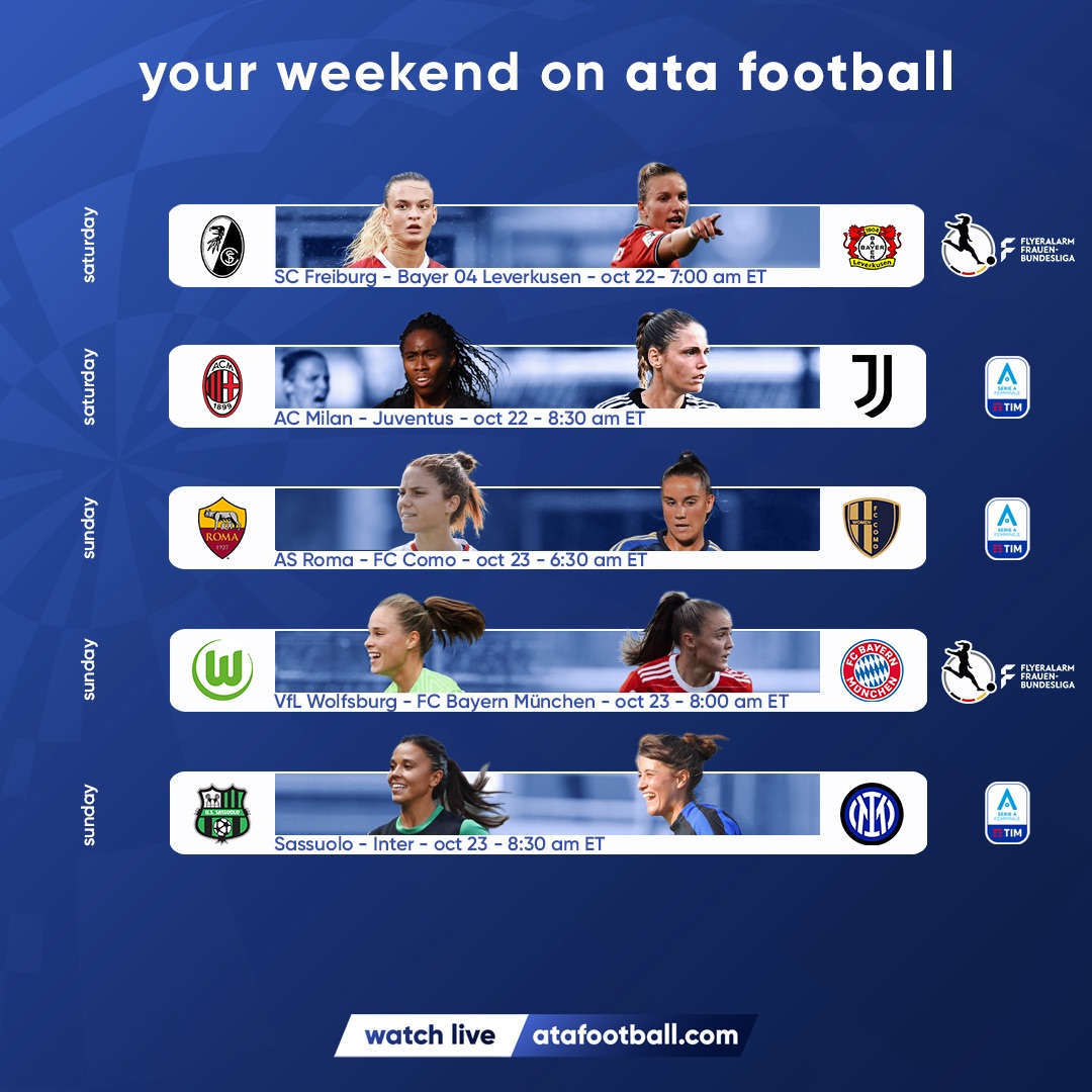 DAZNWFootball's tweet photo. Five matches from Frauen-Bundesliga and Serie A Femminile are coming to your screen this weekend 🙌
Which match are you looking forward to the most? ⤵️
#WatchWithAta #DieLiga #SerieAFemminile https://t.co/wKKTT0QhVl