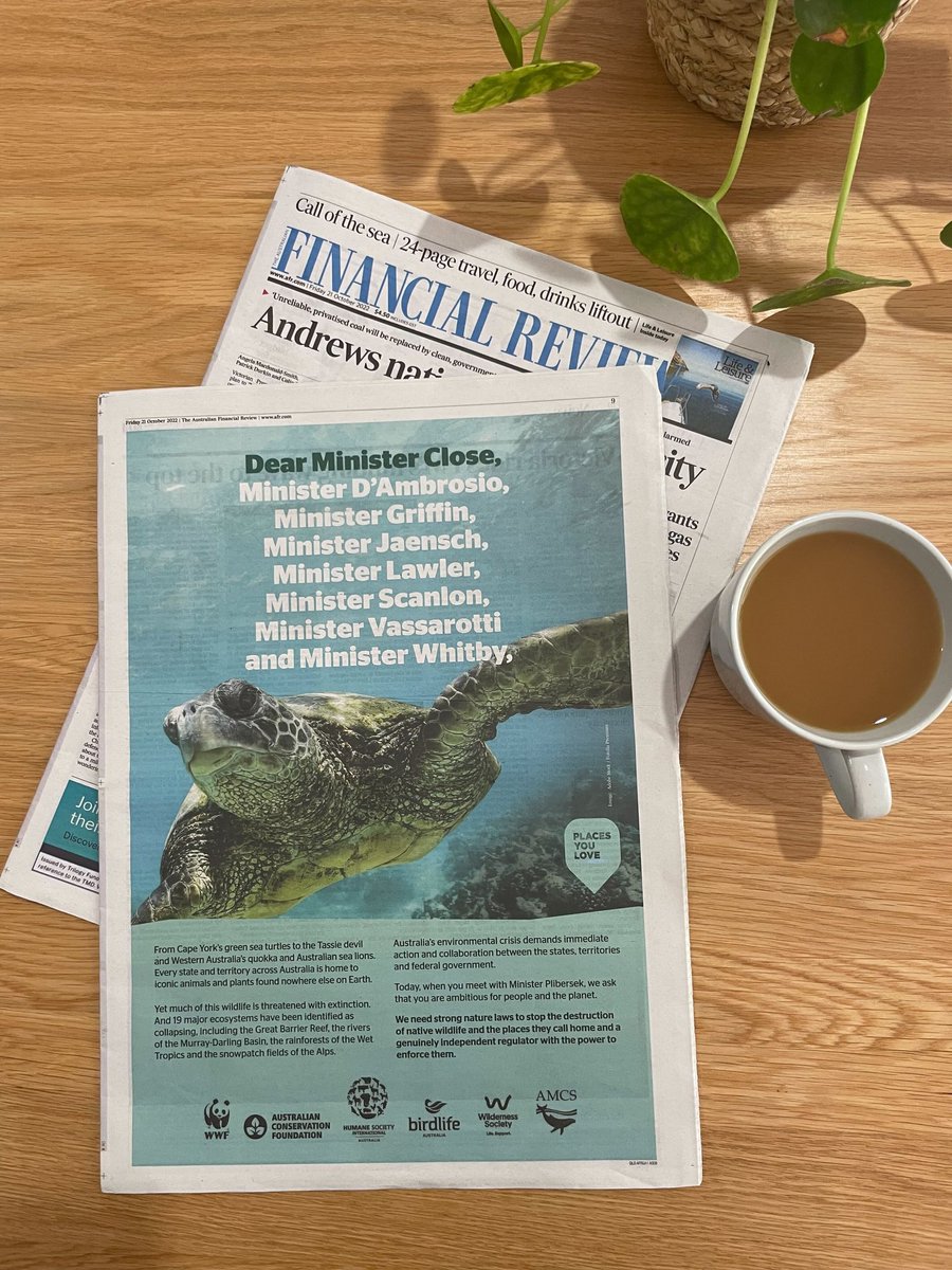Our ad today in <a href="/FinancialReview/">Financial Review</a>. State, territory &amp; national Environment Ministers meet for the first time in over a year. On the agenda are Australia's nature laws. We're calling on Ministers to support stronger laws &amp; an independent EPA to protect our special places &amp; wildlife
