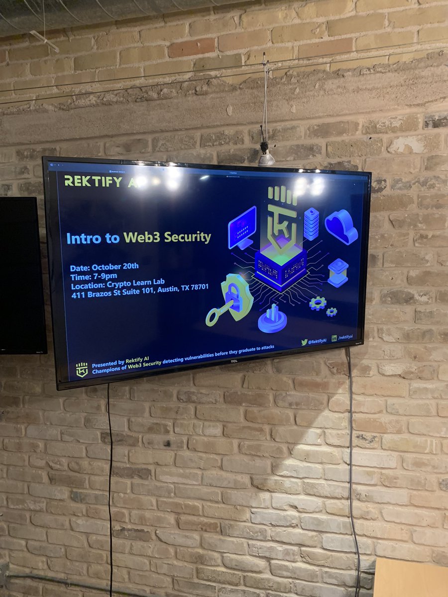 RektifyAI's tweet photo. Intro to Web3 Security by @RektifyAI ✨taking off in 20min 🚀
We’re going till 9pm CST @cryptolearnlab #ATXCrypto #ATXWeb3 #AustinCrypto https://t.co/A608E0ei1J