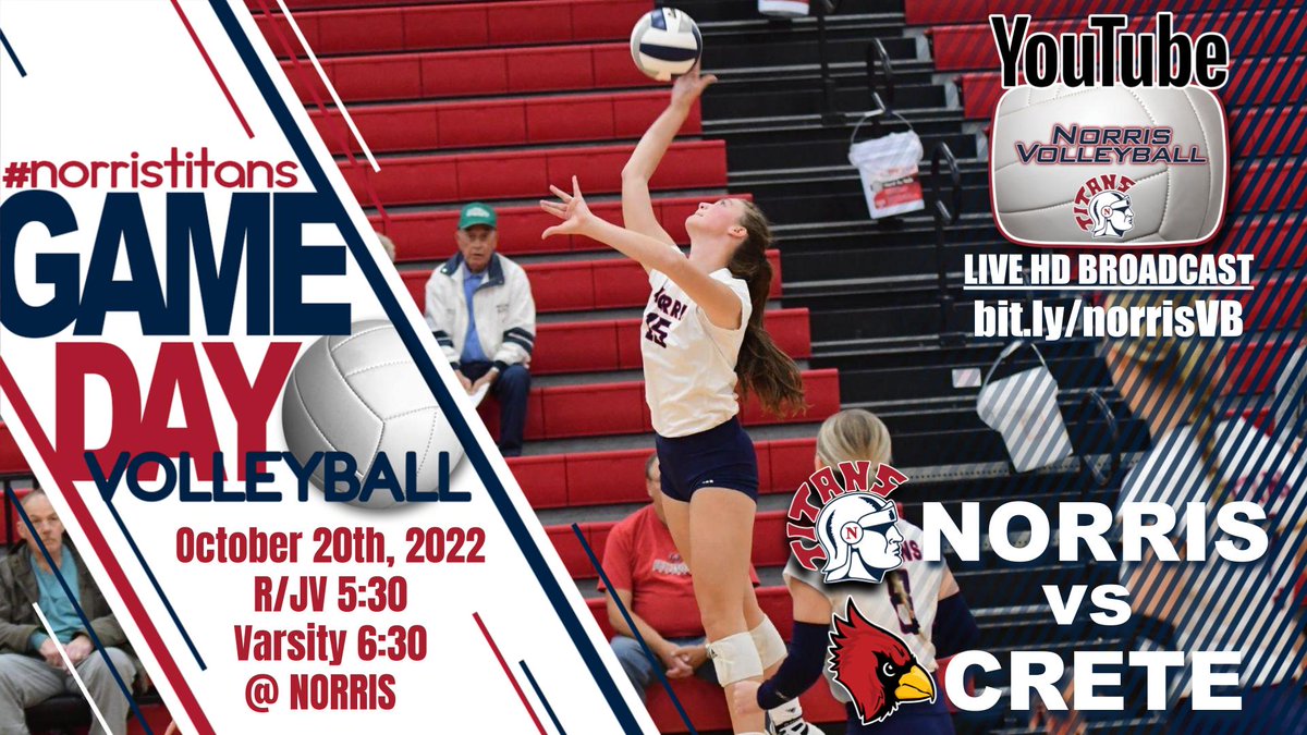 nsdVideo's tweet photo. We're minutes away from the start of the @NorrisTitanVB vs @cretevball match.  Watch #LIVE on the "Norris Volleyball" YouTube Channel. https://t.co/OmdOcFQ295 @CreteCards @NHS_Titans #nsdV #nsdvLIVE #nebpreps #norristitans #BEaTITAN @CreteBoosters @CouncilNorris https://t.co/Rgu6Kl5j9y