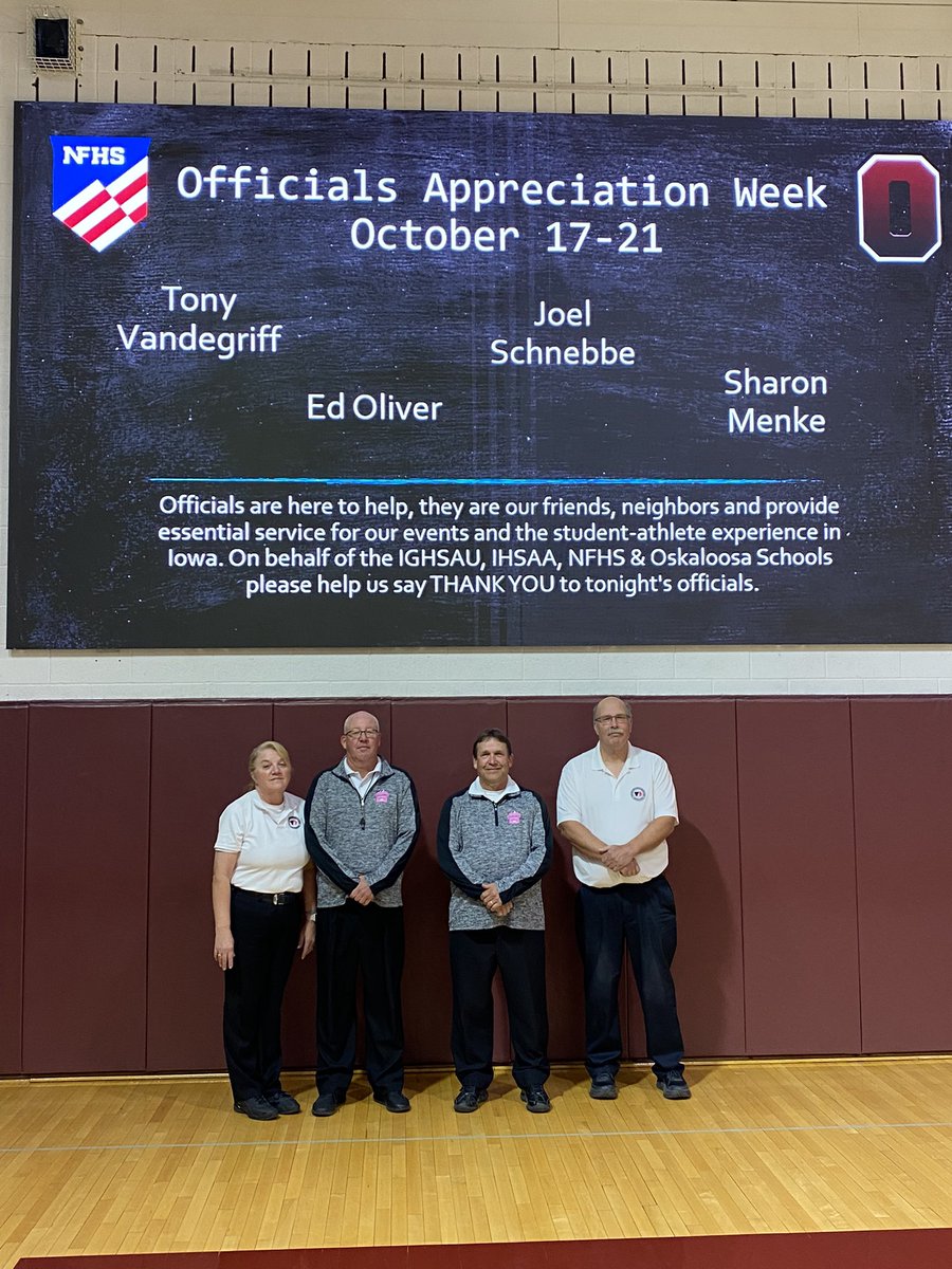 Officials Appreciation Week. We are thankful for Tony, Ed, Joel and Sharon tonight at Osky as they are officiating the Regional Semi Final vs Mt Pleasant. Thank You!!! @IGHSAU @NFHS_Org