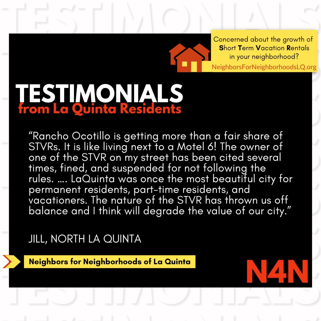 N4NLQ's tweet photo. Vote YES on A November 8th!

Do you have something to say about the impact of Short Term Vacation Rentals in your neighborhood? 
Comment below, or leave a comment on our website!
#N4N #STVR #LaQuinta https://t.co/6iB3MQ2Ww0
