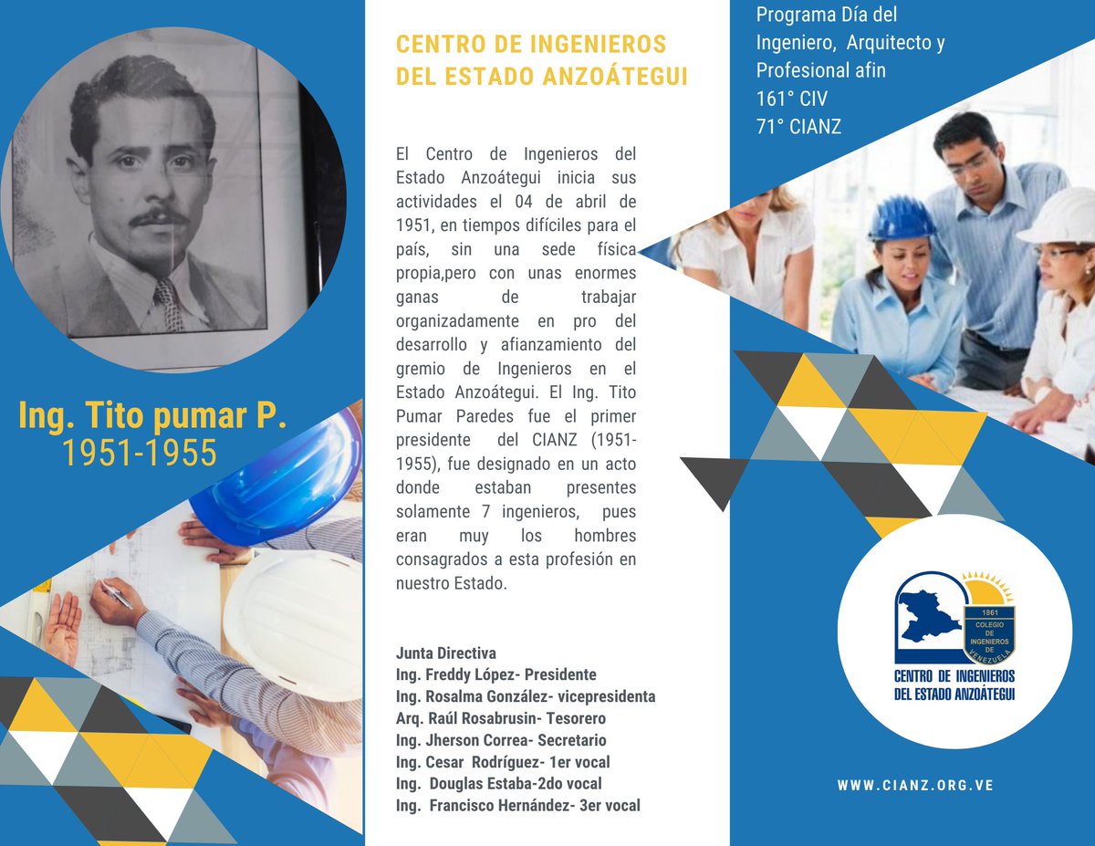 cianz's tweet photo. La Junta Directiva del Centro de Ingenieros del Estado Anzoátegui , invita a todos sus agremiados y público  en general a participar en las actividades programadas en el marco de la celebración del Día Nacional del Ingeniero, Arquitecto y Profesional Afín...161° CIV y 71° CIANZ https://t.co/nD9OWUdk33