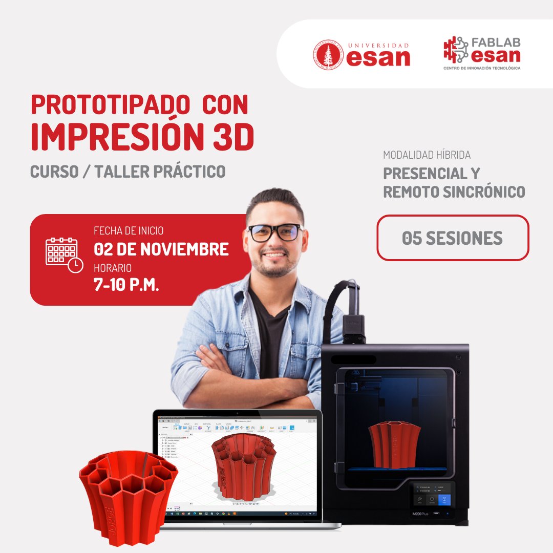 fablabesan's tweet photo. Este curso mejorará su conocimiento de la fabricación aditiva y lo ayudará a trabajar con la impresión 3D para hacer sus propios prototipos.
👉Para más información escríbenos al correo fablab_esan@esan.edu.pe
👉O ingresa al siguiente enlace  https://t.co/SjPnwac3vV

#fablabesan https://t.co/iE1t4xRG2e