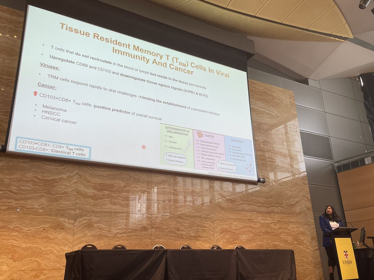 CancerImmIdeas's tweet photo. Dr Rehana Hewavisenti enlightens us on the role of tissue resident memory T cells (TRMs) as a predictor for survival in cancer. Her research focuses on understanding the contribution of TRMs in viral immunity against high risk HPV-16,-18 in anal cancer. @RehanaHewa #CIIF22 https://t.co/3K3VEZipEa