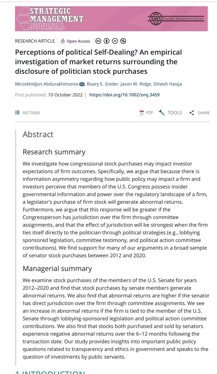 emollick's tweet photo. 🤔🤔🤔
New paper on what happens to the stocks US Senators buy: “…stock purchases by senate members generate abnormal returns. We also find that abnormal returns are higher if the senator has direct jurisdiction over the firm through committee assignments”https://t.co/WfdiKTmaad https://t.co/a8wfA2jO1k