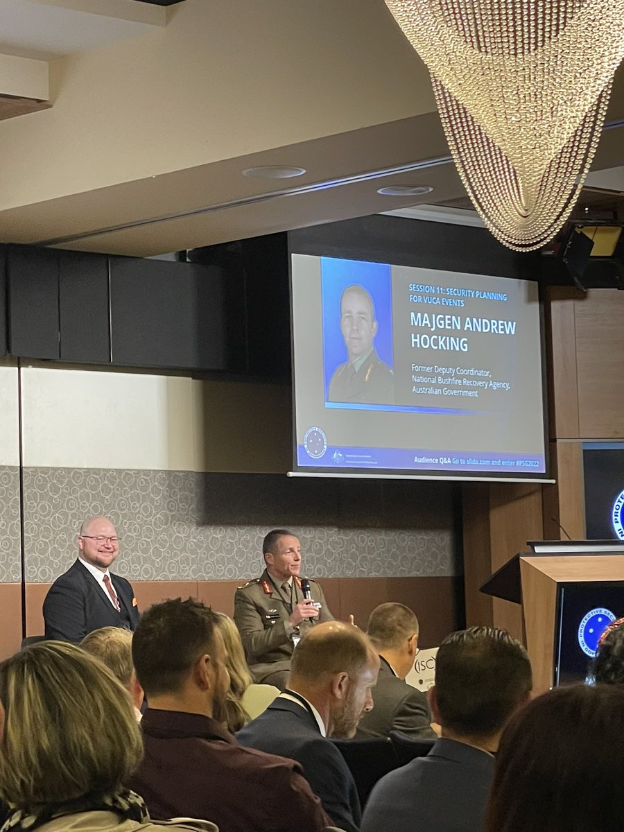 psgconference's tweet photo. “Crisis drives change.” -MAJGEN Andrew Hocking. 
Great to hear the importance of overcoming Australia’s inability to quickly and effectively adapt to crisis. #PSG2022 https://t.co/Cfe6LqsHbk