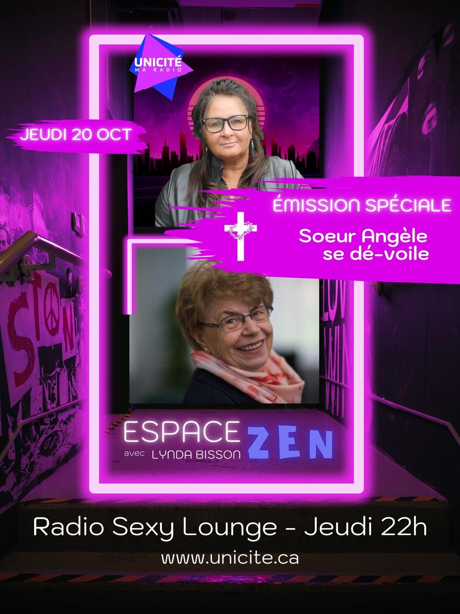 radiounicite's tweet photo. CE SOIR 22h, ne manquez pas «Radio Sexy Lounge» avec Lynda Bisson qui reçoit nul autre que Soeur Angèle. 😇🙏✝️
Bonne soirée à Radio Unicité 🌆
🎧 https://t.co/PhXExvoMCT
#espacezen #radiosexylounge https://t.co/iSsq0h5X8w
