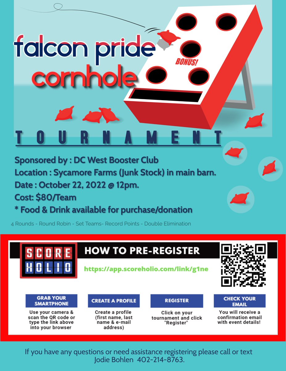 DCWestBooster's tweet photo. 2nd Annual Cornhole Tourney on Saturday!  Pre-Registration can be completed at the link below.  Download the app, create an account and click this link!  Warm-ups and day-of registration starts Saturday morning at 11am.  Tourney bags fly at 12pm (noon).  
https://t.co/P7L0vOPDMD https://t.co/hHvQDgt7HU