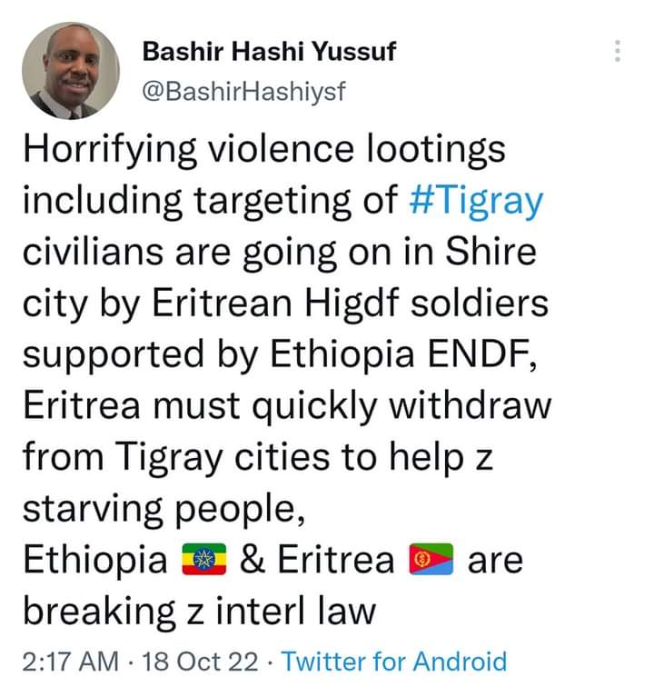 The Ethiopia genocidal &amp; criminal regime has out sourced the full military &amp; financial resources to Eritrea for the extermination of 7m Tigrayans &amp; the massacres &amp; looting of infrastructures worsened in #Shire &amp; other forcefully occupied areas. It pains hell 👇