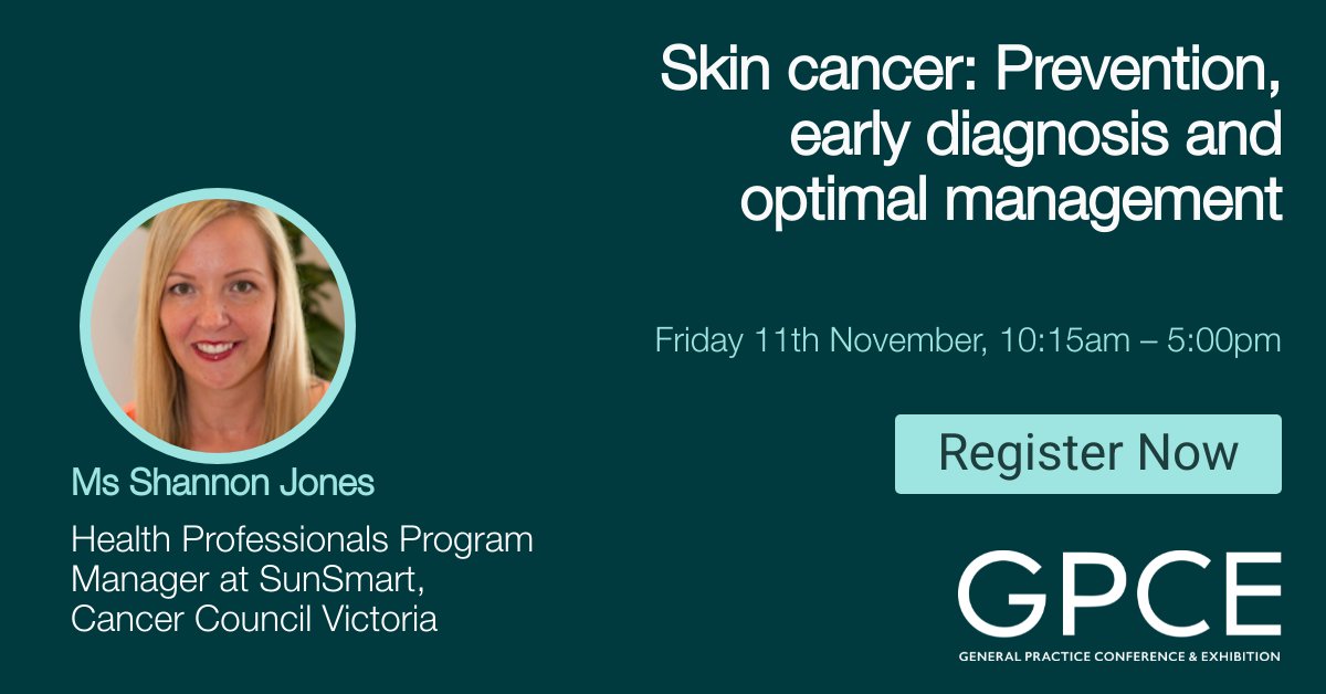 SunSmart Victoria (@sunsmartvic) on Twitter photo Are you interested in learning more about how primary care services can manage skin cancer prevention, detection, and treatment? 
SunSmart Health Professionals Program Manager who will be speaking at the #GPCEMelbourne on 11 November.  
Register here 👉 bit.ly/3xB1gjV Are you interested in learning more about how primary care services can manage skin cancer prevention, detection, and treatment? 
SunSmart Health Professionals Program Manager who will be speaking at the #GPCEMelbourne on 11 November.  
Register here 👉 bit.ly/3xB1gjV