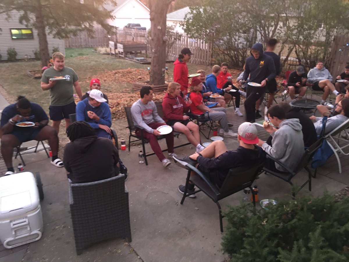 CoachBOlson's tweet photo. I love cooking for large groups and these dudes love to eat. Only one rule when the Defense comes over eat; No leftovers! What a gorgeous Midwest night to get together and break bread. Truly blessed to be able to coach these guys! https://t.co/qpE2kJin6T