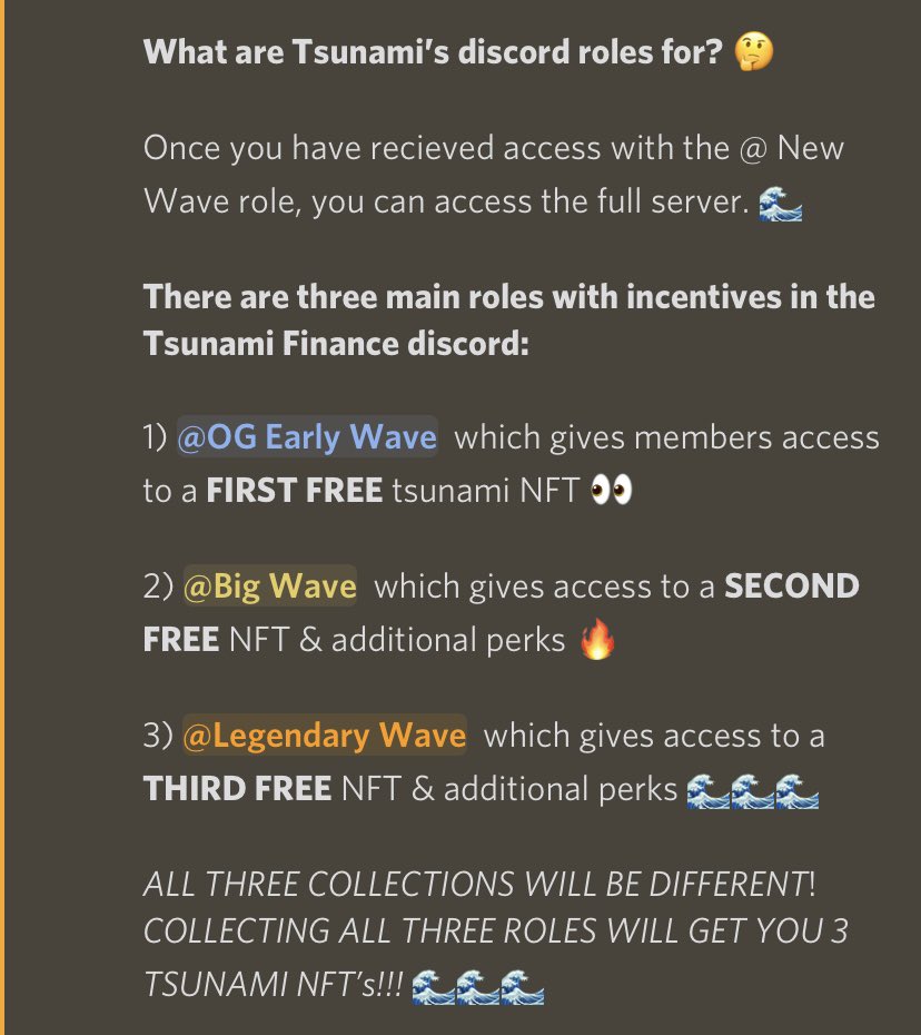AptosAnalytics's tweet photo. Hey Frens! 👋

Did you know that @TsunamiFinance_ is giving away FREE #AptosNFTs for members who earn their discord roles? 🤯

Come by their discord today &amp; earn your role! 🌊🌊🌊
👉 https://t.co/WB7guTql7Y 👈

Like &amp; Retweet to support us! #AptosAnalytics #LFM #AptosVN https://t.co/mORZY3c06R