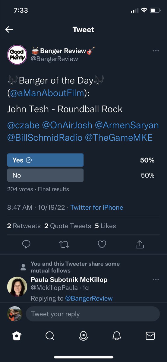 cholkamania's tweet photo. Closest banger voter ever? Don’t know how to see vote count but looks like 103 to 101 or a tie to me @czabe @OnAirJosh https://t.co/ajyehMDsku