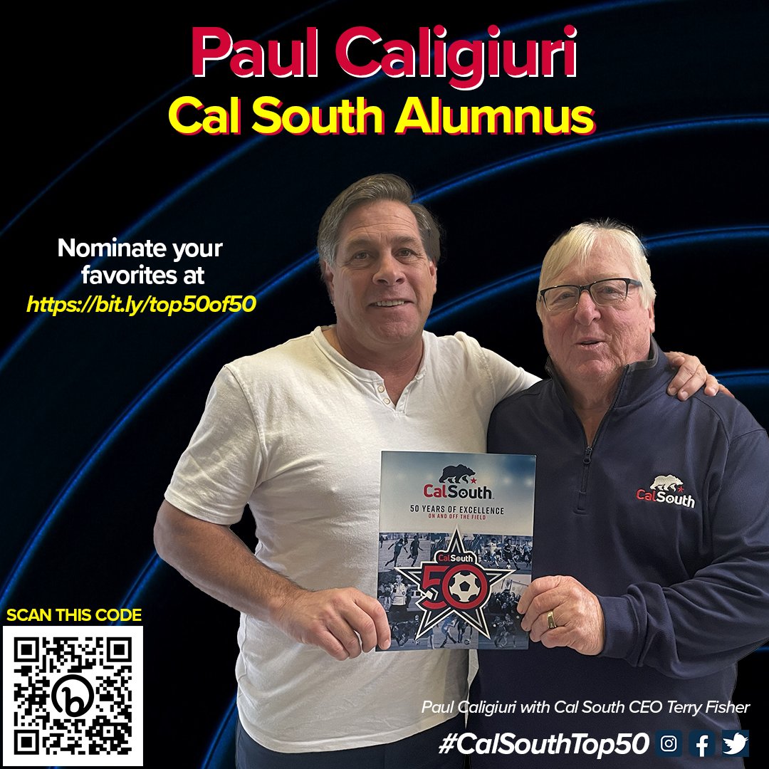 Is Paul Caligiuri one of your all-time favorite Cal South alumni? Who are your favorites? Scan the QR code below OR visit bit.ly/top50of50 OR use this hashtag: #CalSouthTop50 to make your nominations now! #soccer #calsouth @orangecountysc