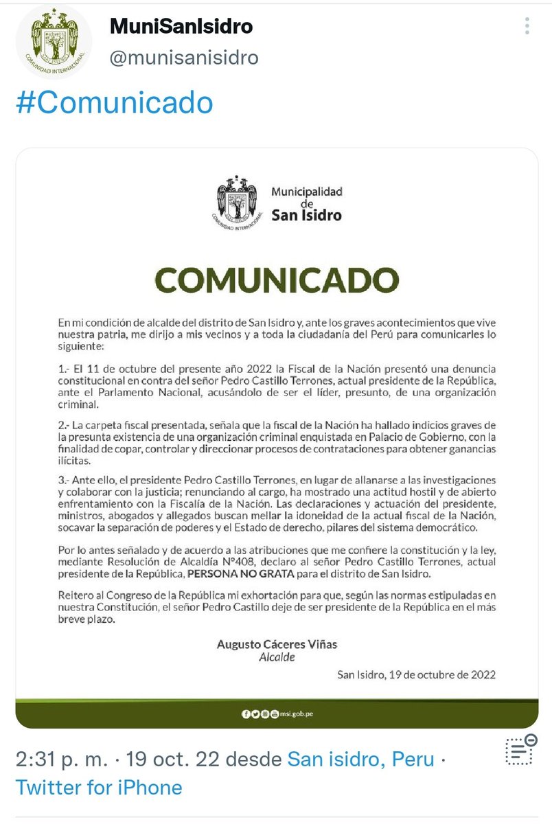 bazalar_luz's tweet photo. @munisanisidro EN UN CLARO ACTO DE RACISMO Y DISCRIMINACIÓN EMITE COMUNICADO PARA DECLARAR "PERSONA NO GRATA" AL PRESIDENTE DEL PAÍS PEDRO CASTILLO, REAFIRMANDO QUE LA CLASE ALTA Y EMPRESARIAL ESTA DETRÁS DEL #GOLPEFISCAL .. https://t.co/7gajfBQrNs