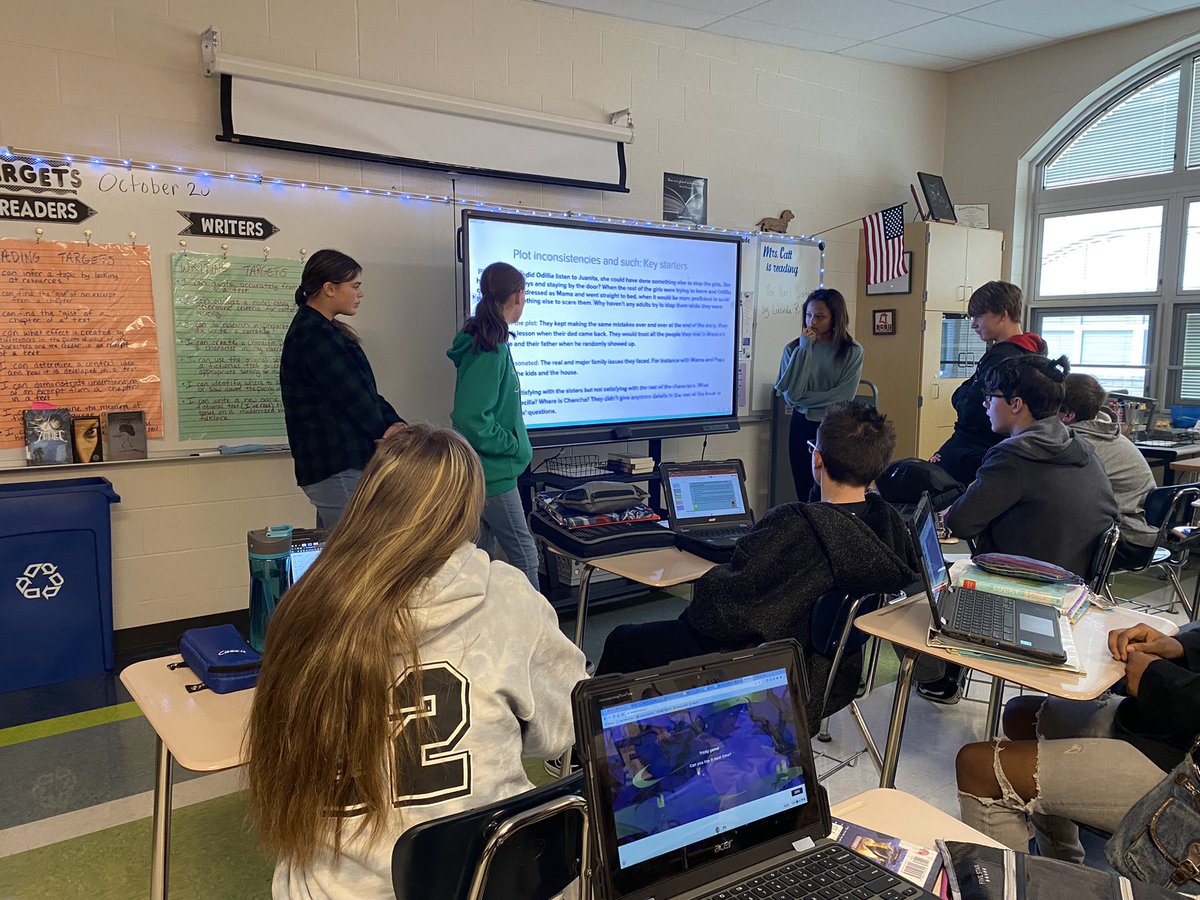 Speaking AND listening in Mrs. Catt’s class <a href="/Hamilton_WMS/">Wilson Middle School</a>. After finishing Summer of the Mariposas, students worked together to analyze literary elements and present their findings. <a href="/ggmccall/">Guadalupe Garcia McCall creator of Mariposas!</a>