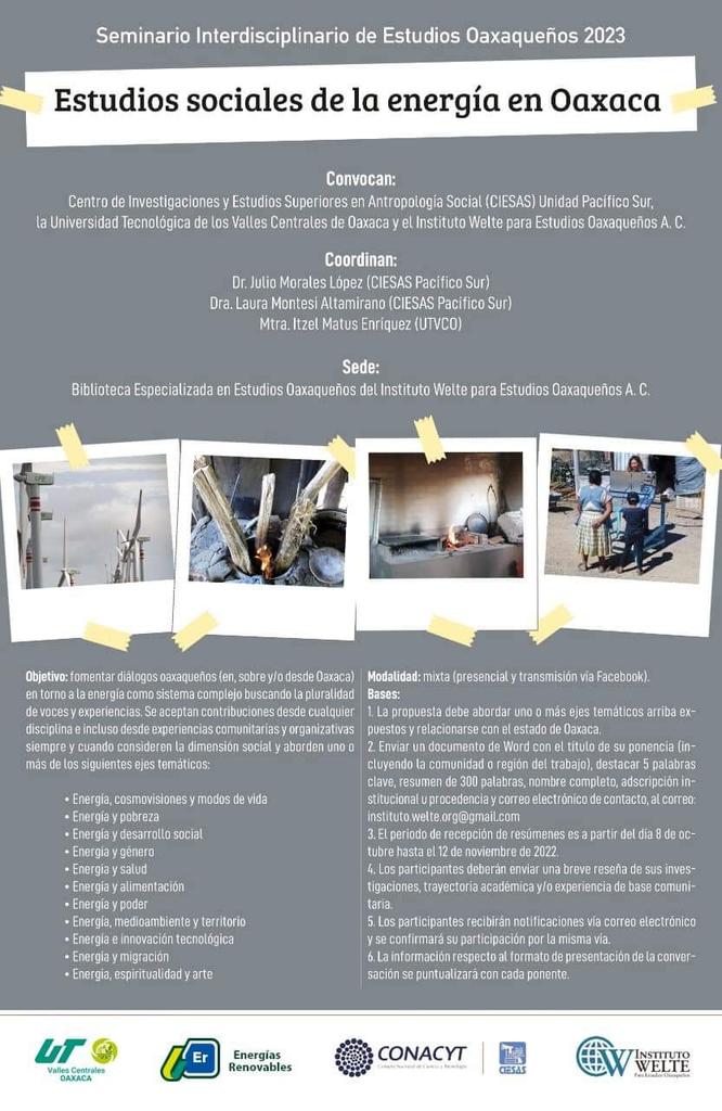 #ConvocatoriaAbierta #Energía 
Envien sus propuestas para el Seminario Interdisciplinario de Estudios Oaxaqueños 2023, con el tema "Estudios sociales de la energía en Oaxaca".
m.facebook.com/story.php?stor…
Iniciativa entre CIESAS Pacífico Sur, el Welte: Estudios Oaxaqueños y #UTVCO.