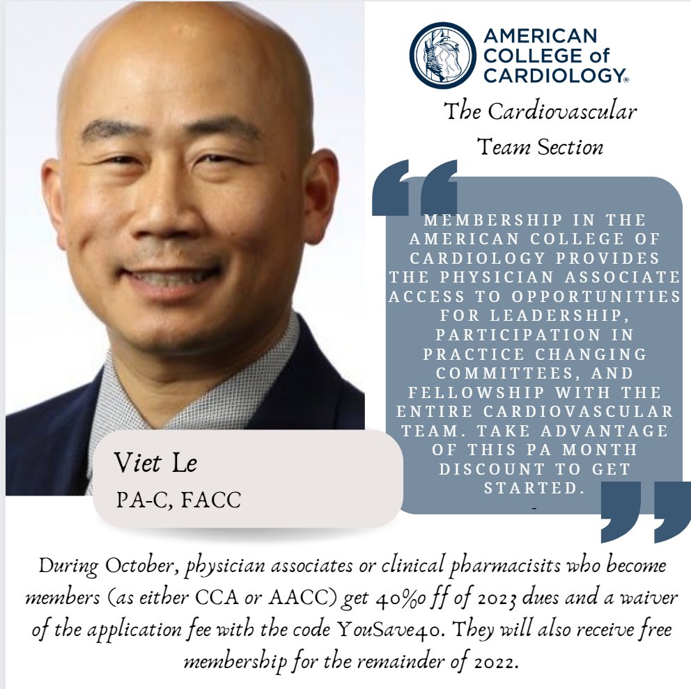 PA's who specialize in Cardiology can receive a 40% membership discount during the month of October! @VietHeartPA is the co-chair of the PA Work Group and has been instrumental in growing the leadership of PAs in Cardiology! @ACCinTouch @Lross246 @DistyPearson @txchapteracc